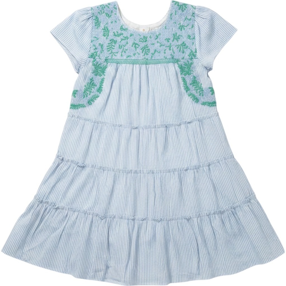 J.Marie Blue White Stripe Embroidered Tiered Mini Dress Small JM1804 Floral Boho